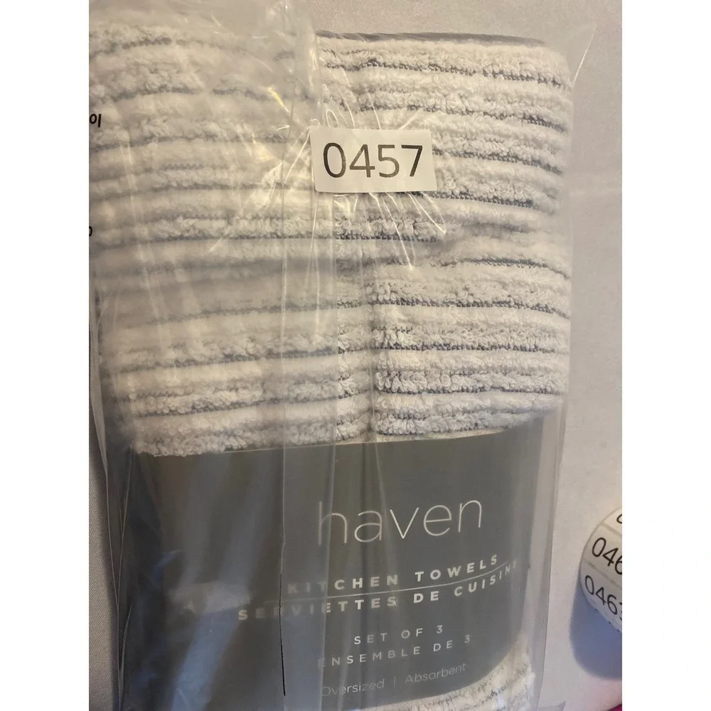 Haven Kitchen Towels Set of 3 Oversized Absorbent White Navy Blue Striped New